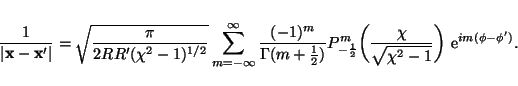 \begin{displaymath}\frac{1}{\vert{\bf x} - {\bf x^\prime}\vert}=
\sqrt{\frac{\pi...
...}{\sqrt{\chi^2-1}}\biggr)
\ \mathrm{e}^{im(\phi-\phi^\prime)}.
\end{displaymath}